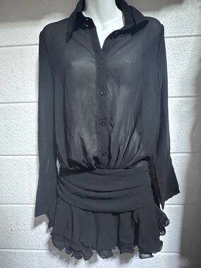 SHEIN Black Sheer Long-Sleeve Button Dress with Ruffle Hem